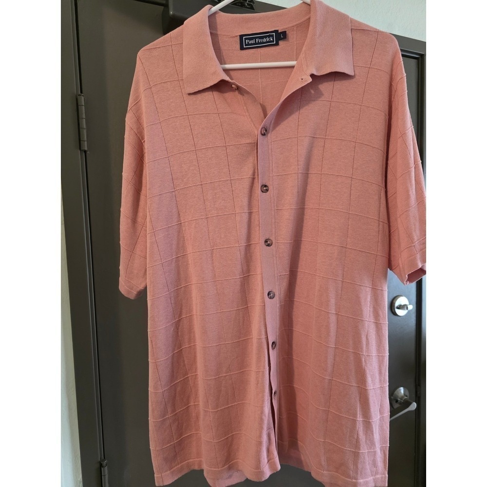 Mens Casual Shirt ,Salmon Pink Grid Knit Button Front Shirt Short Sleeve, Large - Picture 2 of 6